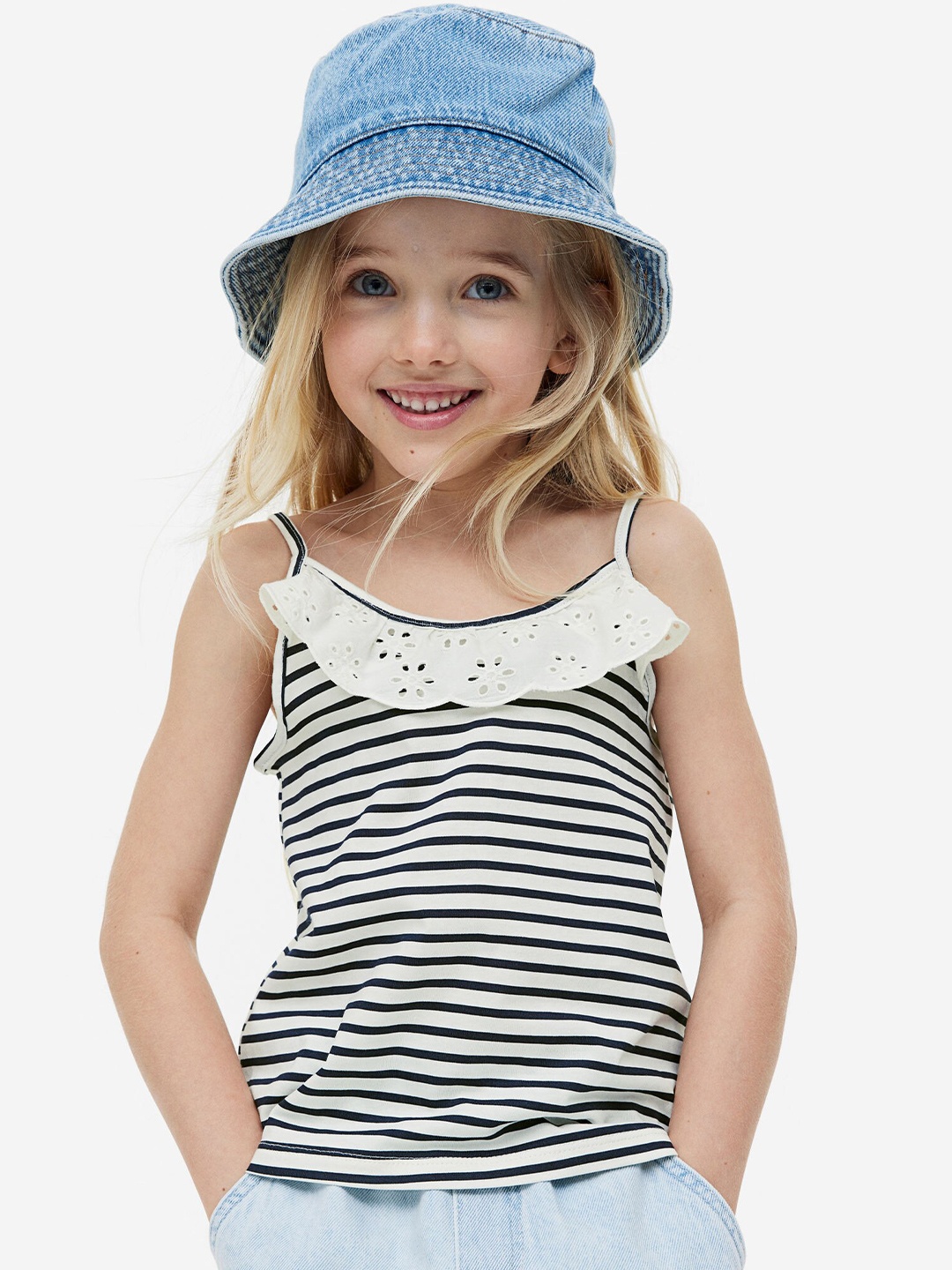 

H&M Girls Flounce-Trimmed Pure Cotton Strappy Top, White