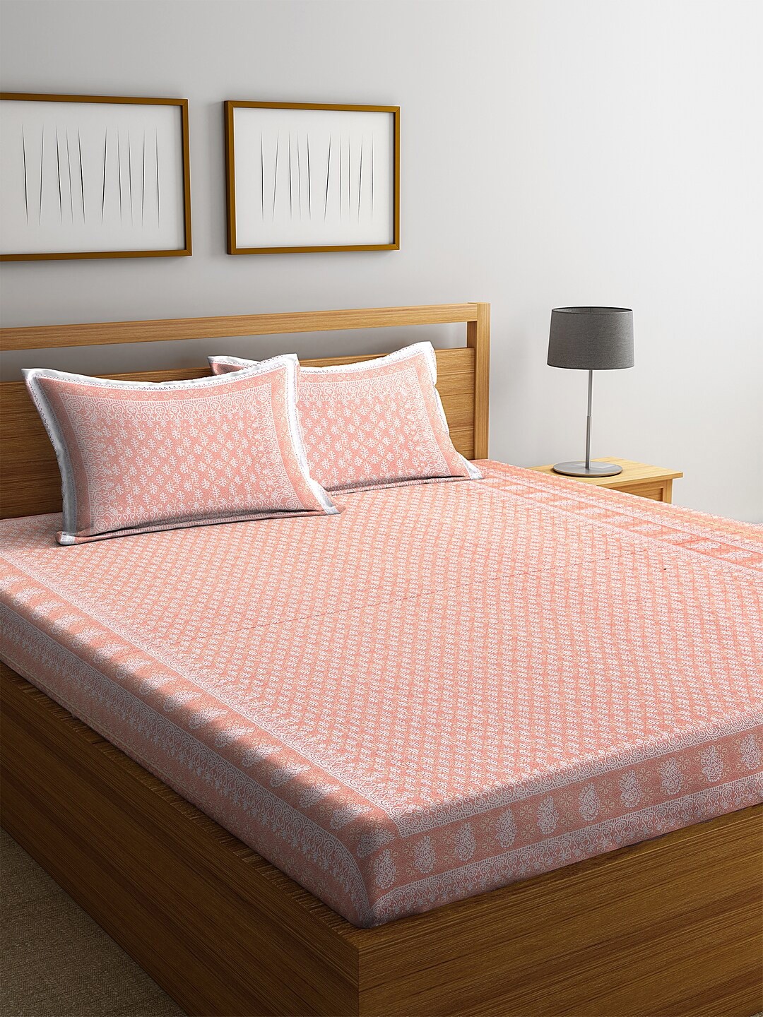 

Stylespace by Isha Peach Ethnic Motifs Cotton 250 TC King Bedsheet with 2 Pillow Covers