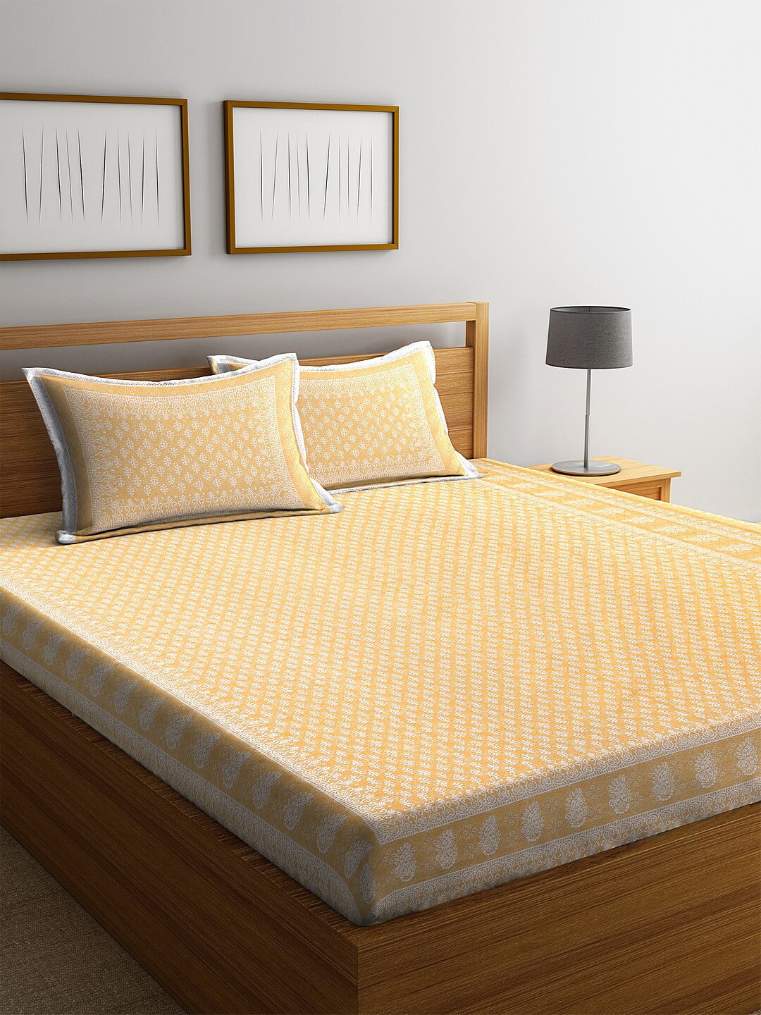

Stylespace by Isha Mustard Ethnic Motifs 260 TC Cotton King Bedsheet with 2 Pillow Covers