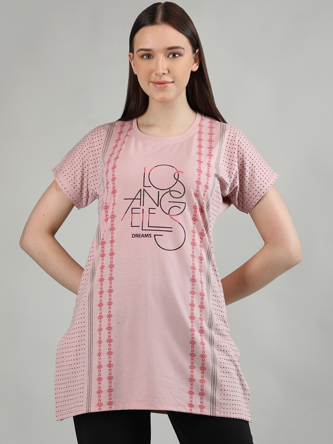 

Duchess Women Printed Longline Cotton Lounge T-shirt, Pink