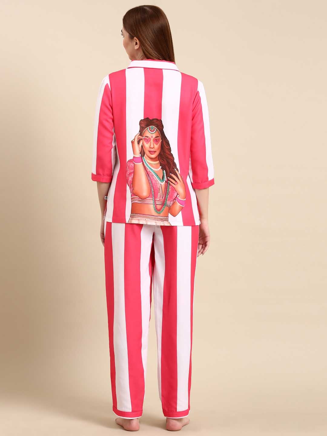 

Bannos Swagger Pink & White Striped Night Suit