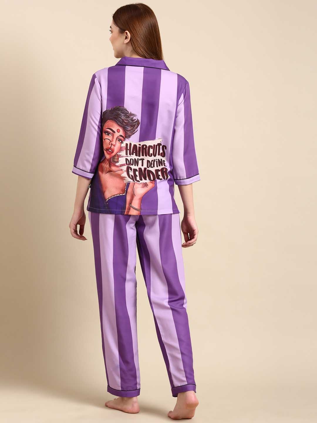 

Bannos Swagger Purple & Black Striped Night Suit