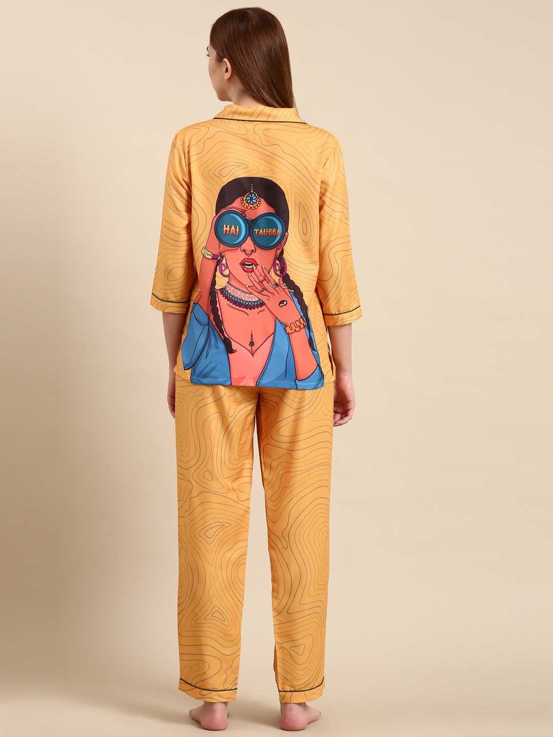 

Bannos Swagger Yellow & Blue Abstract Printed Night Suit