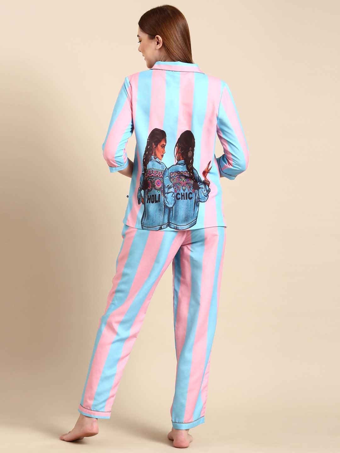 

Bannos Swagger Pink & Blue Striped Night Suit