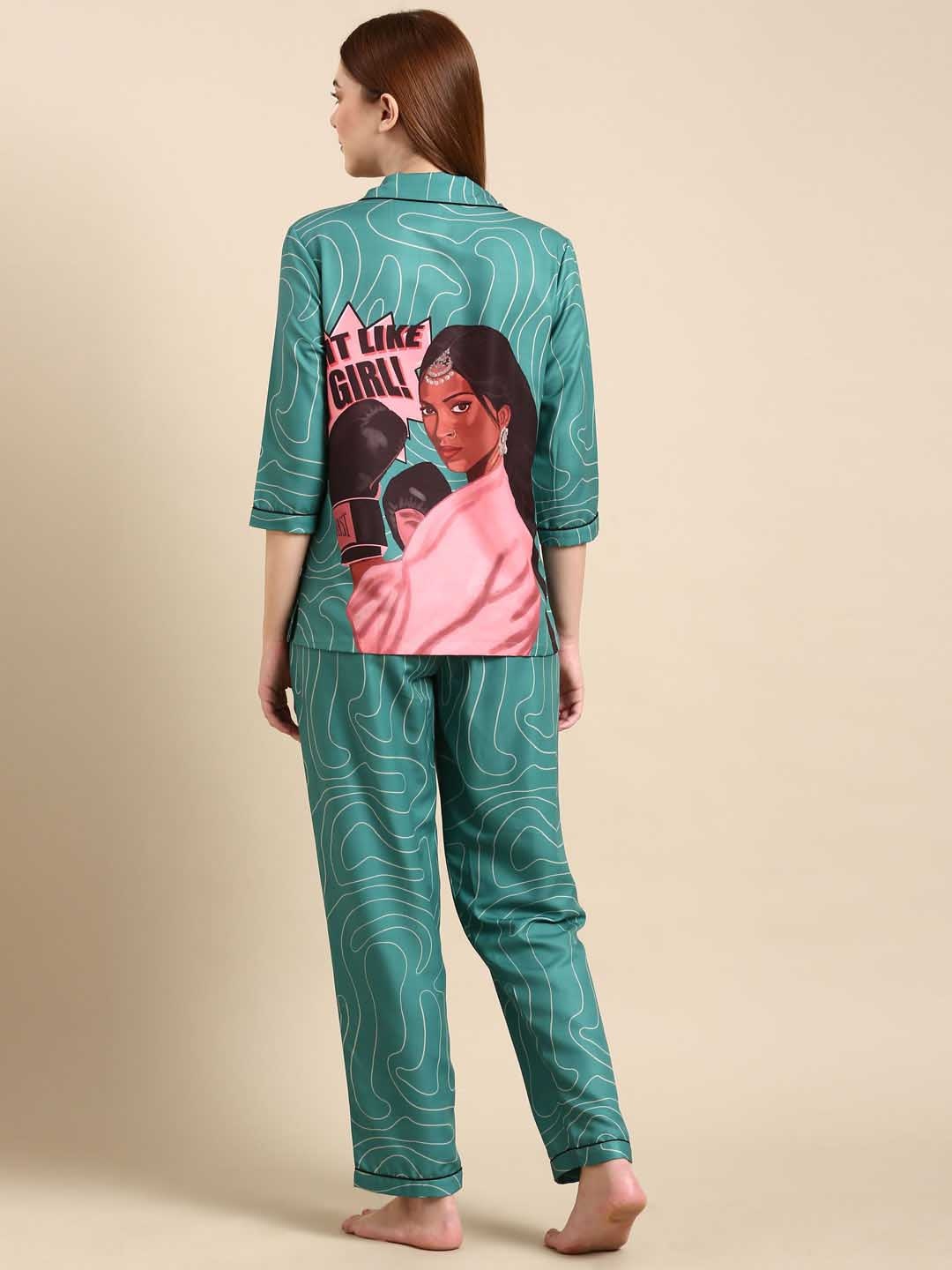 

Bannos Swagger Green & Pink Abstract Printed Night Suit
