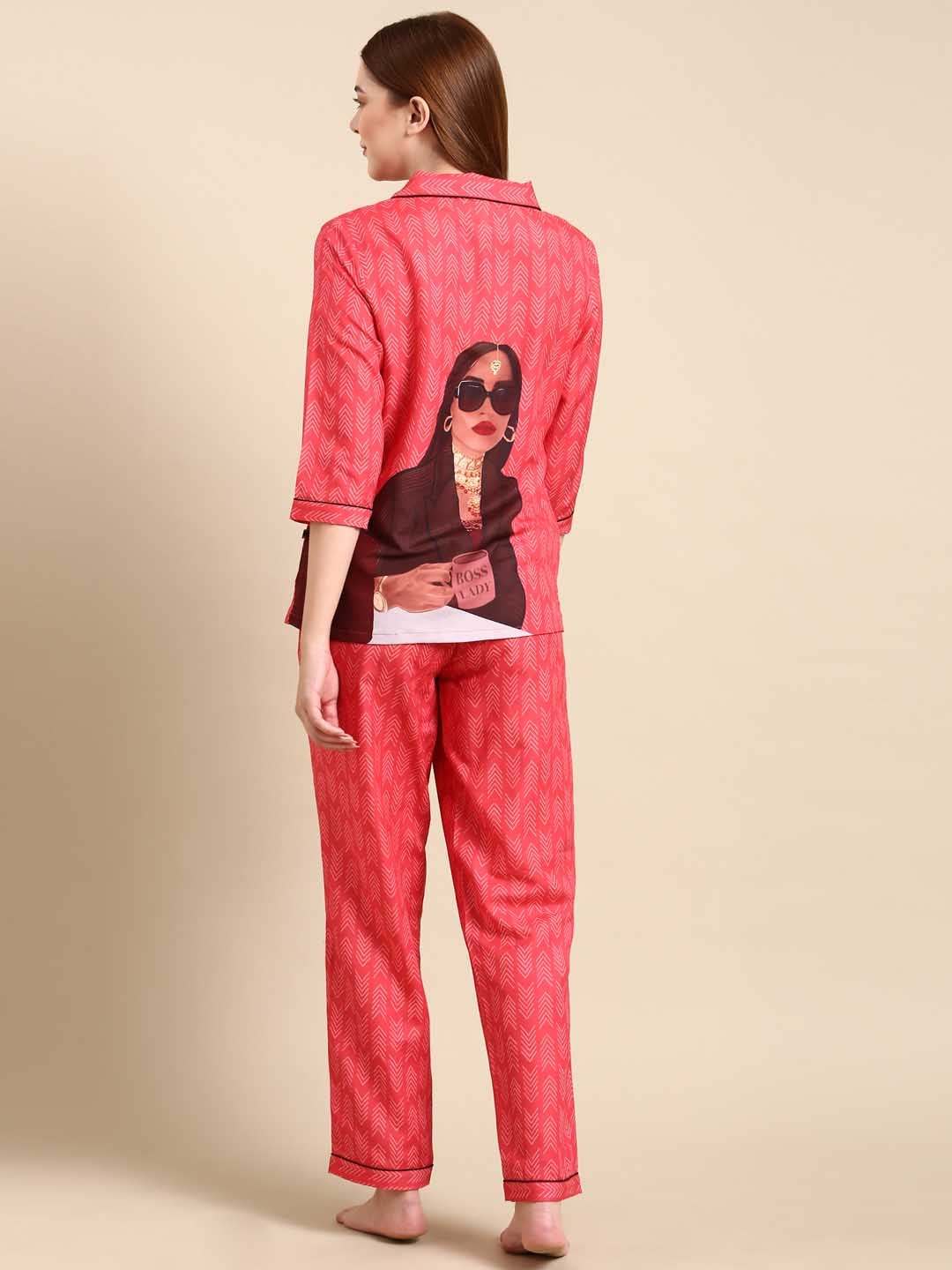 

Bannos Swagger Red & White Geometric Printed Night Suit