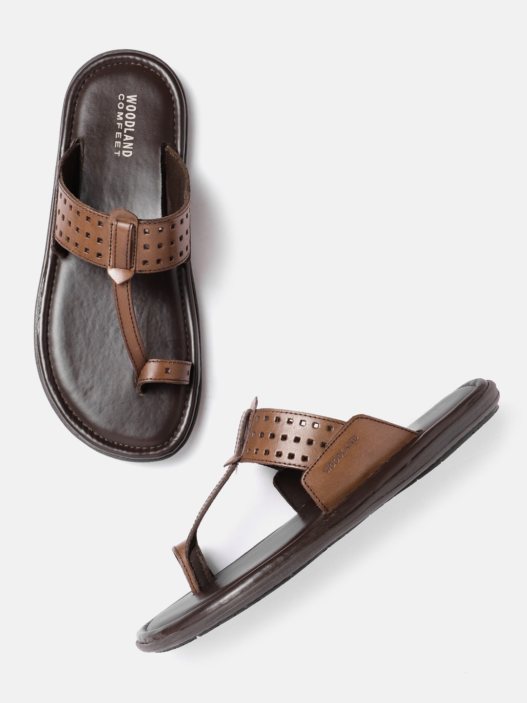

Woodland Men Leather Laser Cut One Toe Ethnic Comfort Sandals, Brown