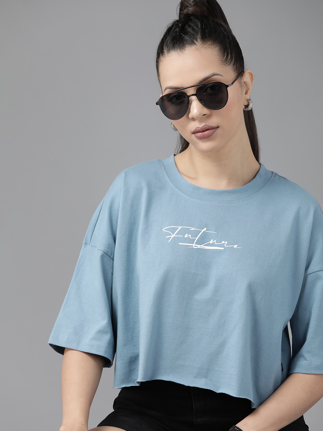 

Roadster Women Typography Printed Drop-Shoulder Sleeves Pure Cotton Boxy T-shirt, Blue
