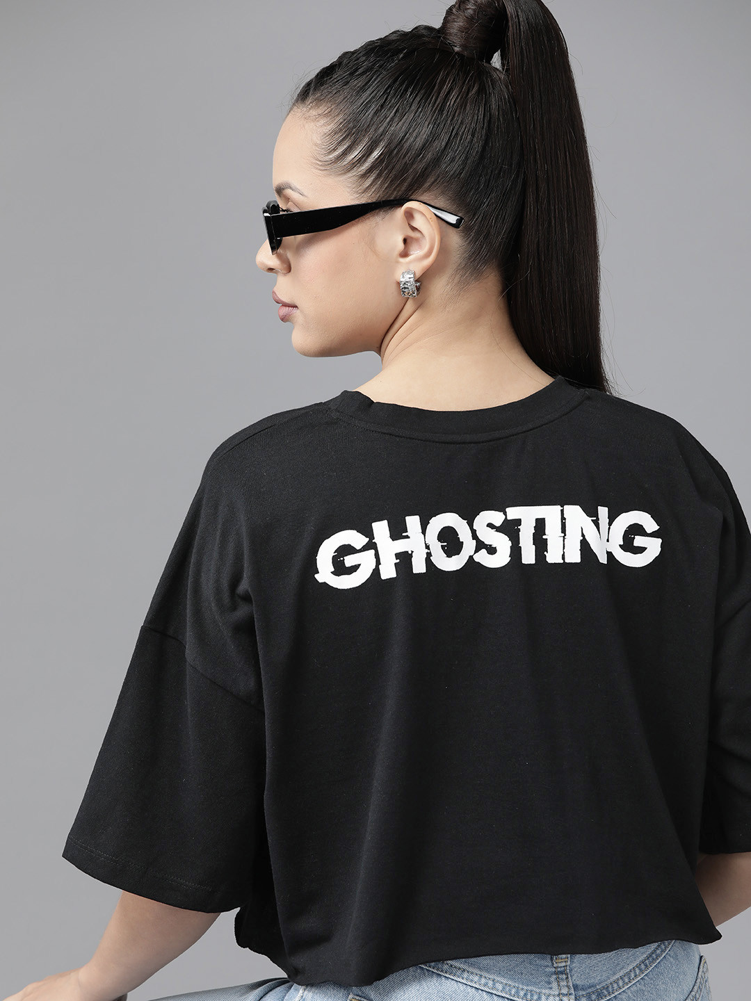 

Roadster Women Typography Printed Drop-Shoulder Sleeves Boxy T-shirt, Black