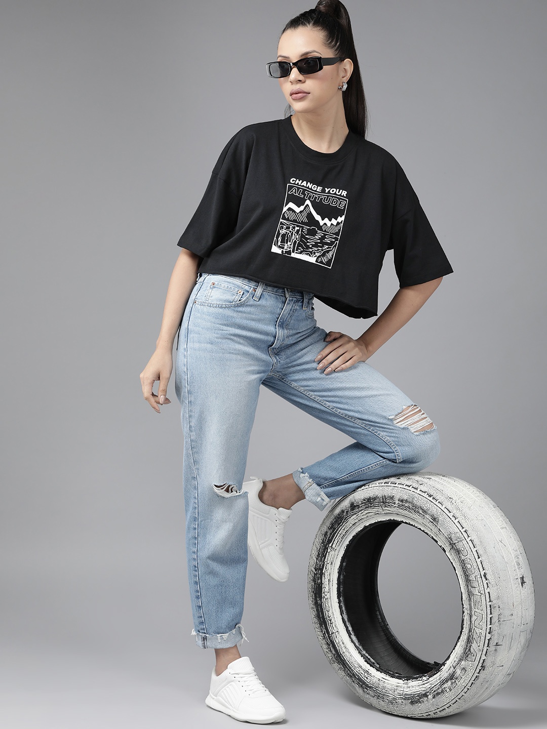 

Roadster Printed Drop-Shoulder Sleeves Boxy T-shirt, Black