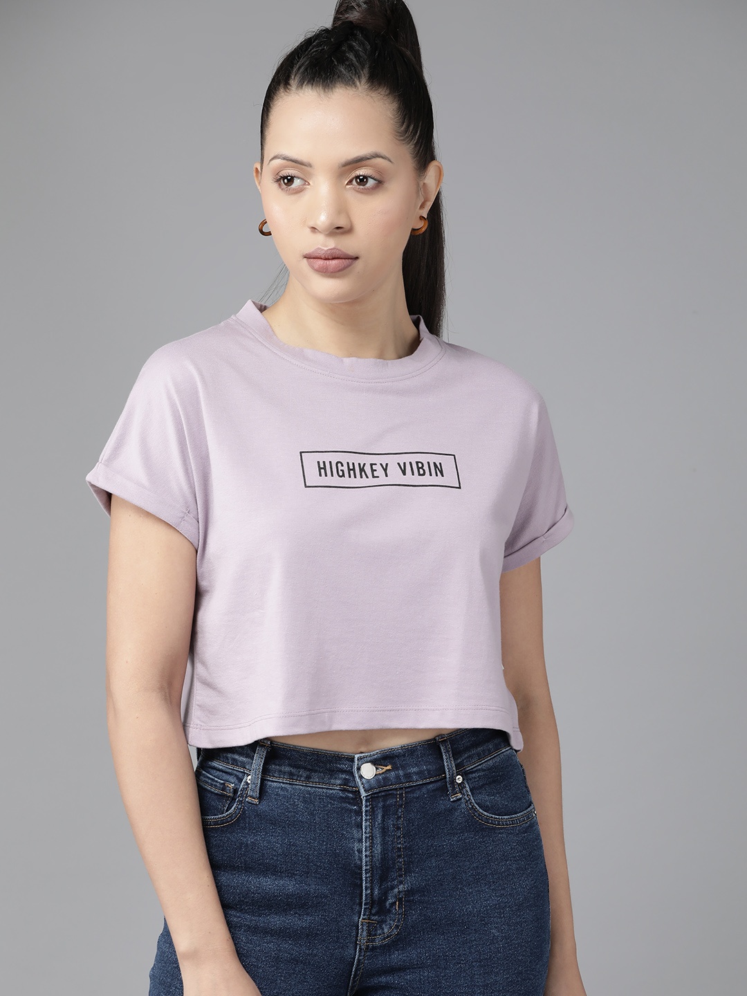 

Roadster Printed Extended Sleeves Crop Top, Lavender