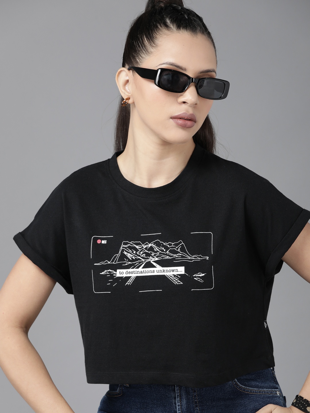 

Roadster Printed Extended Sleeves Cotton Crop Top, Black