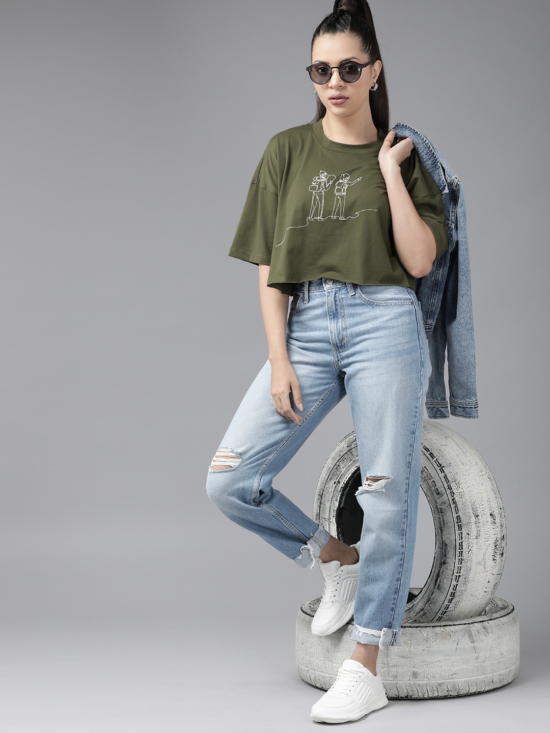 

Roadster Printed Cotton Boxy Crop Top, Olive