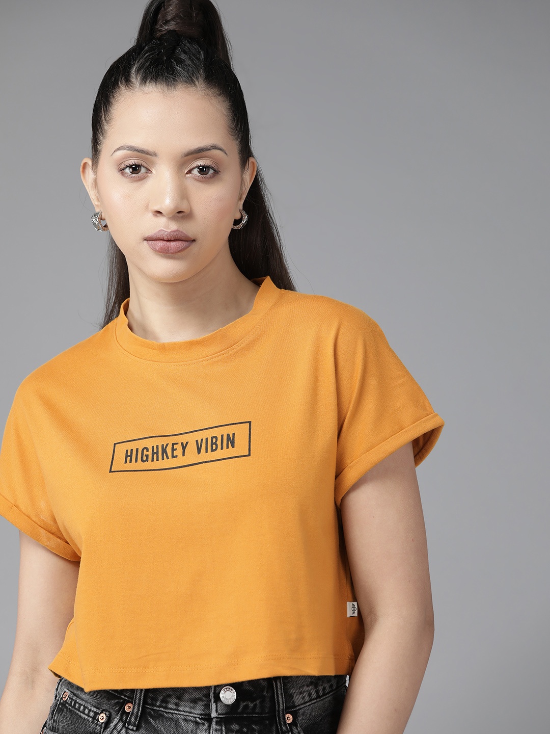 

Roadster Printed Cotton Boxy Crop Top, Yellow
