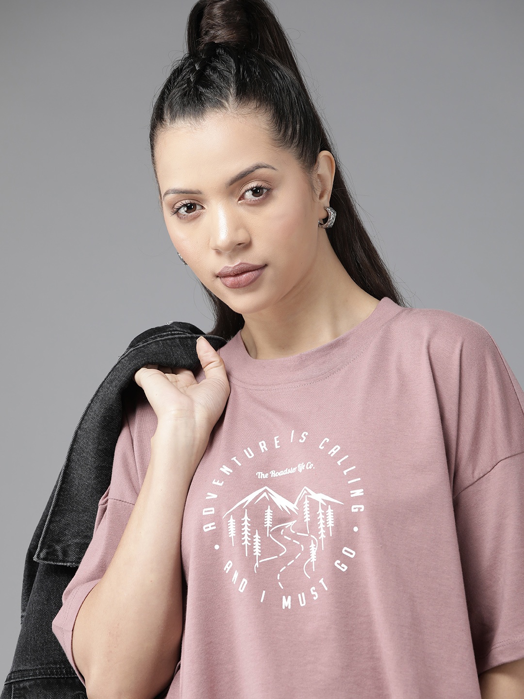 

Roadster Printed Cotton Boxy Crop Top, Mauve
