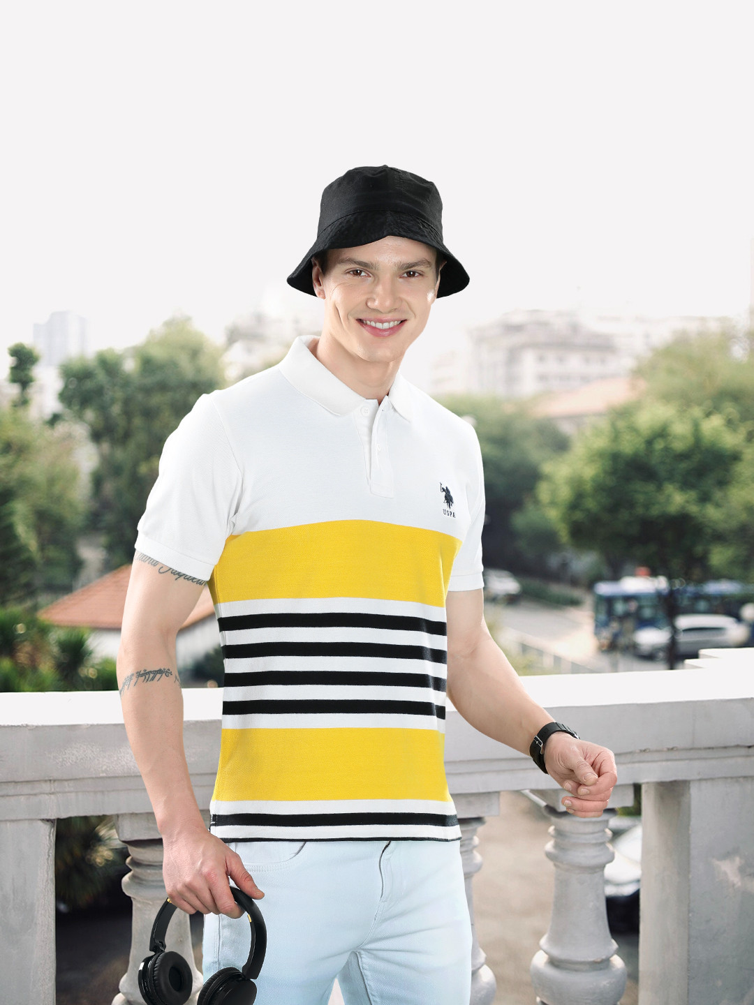 

U.S. Polo Assn. Colourblocked Polo Collar Pure Cotton Slim Fit T-shirt With Striped Detail, White