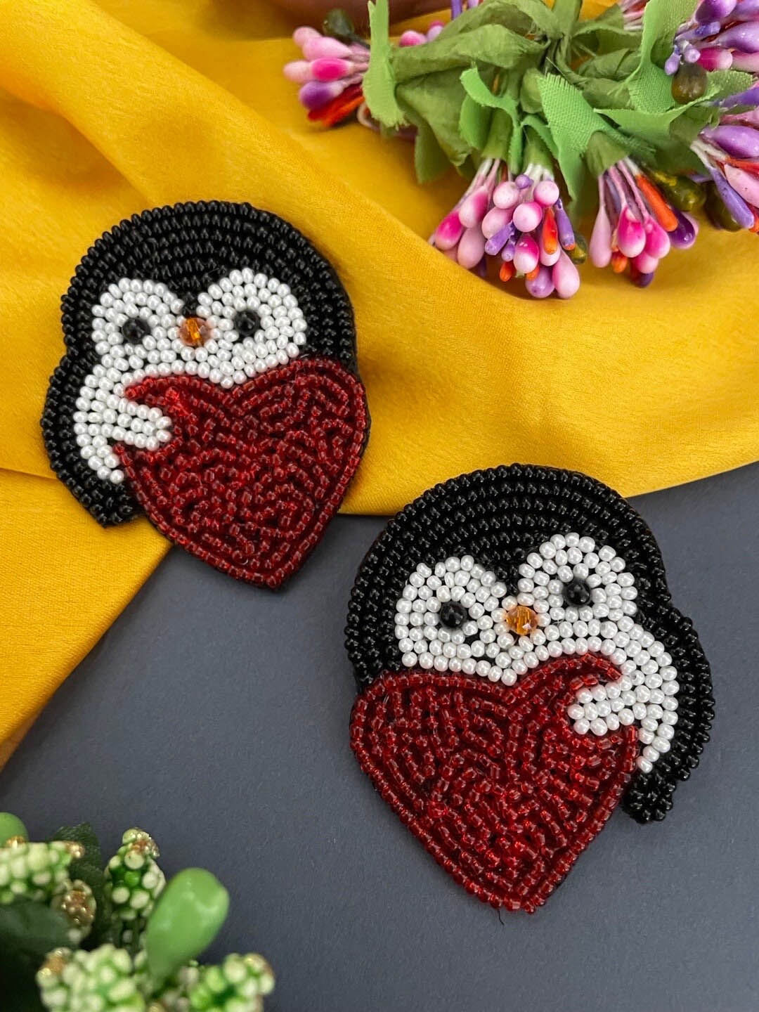 

Digital Dress Room Beaded Penguin Heart Drop Earrings, Red