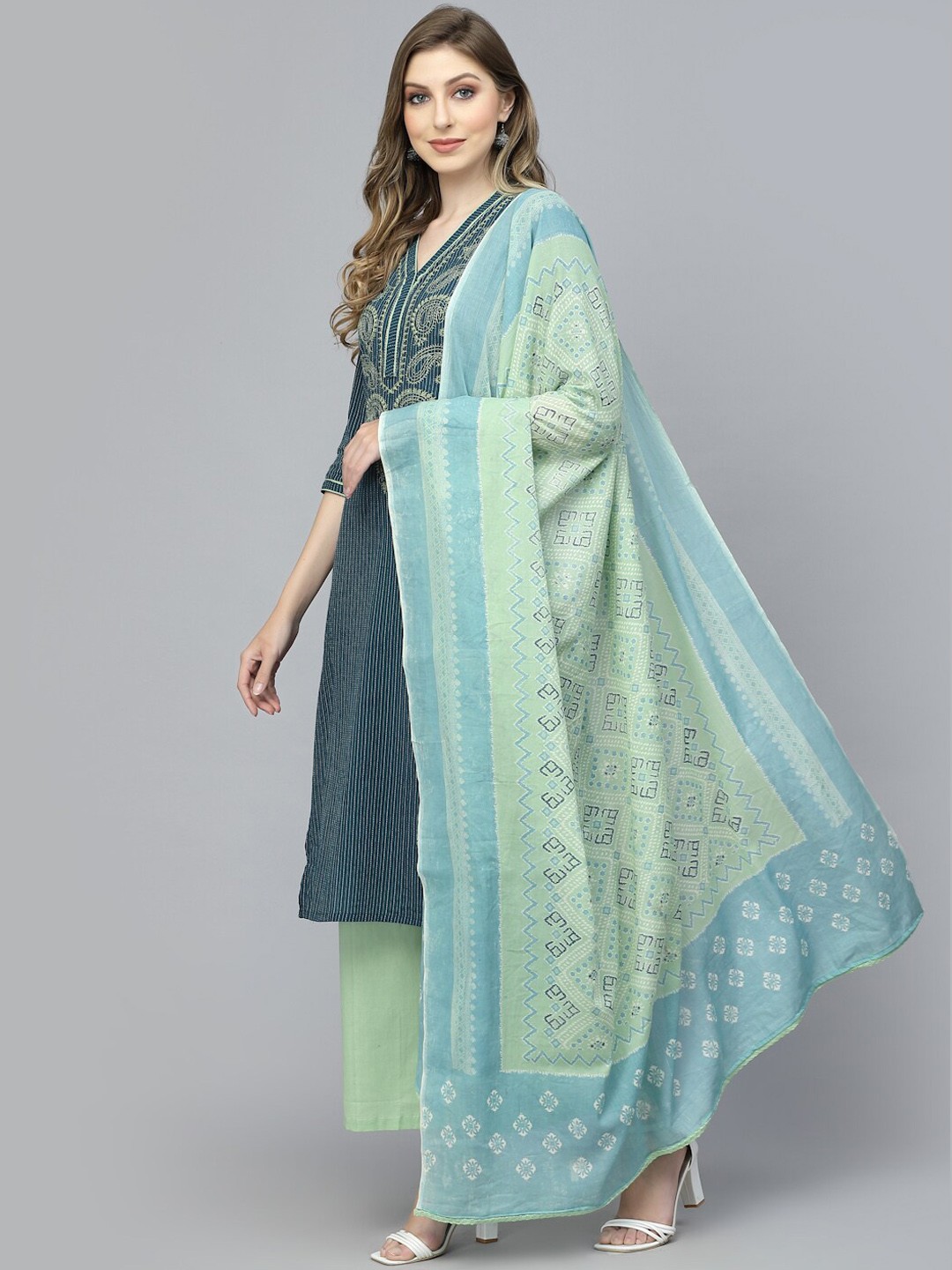 

PRAKRTEE Striped Thread Work Pure Cotton Kurta with Palazzos & Dupatta, Teal