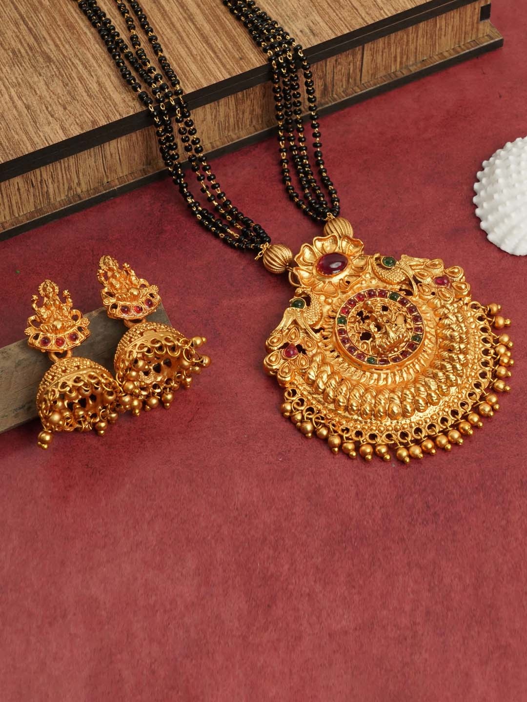 

LAFORWORD Gold-Plated Stone-Studded Mangalsutra & Earrings