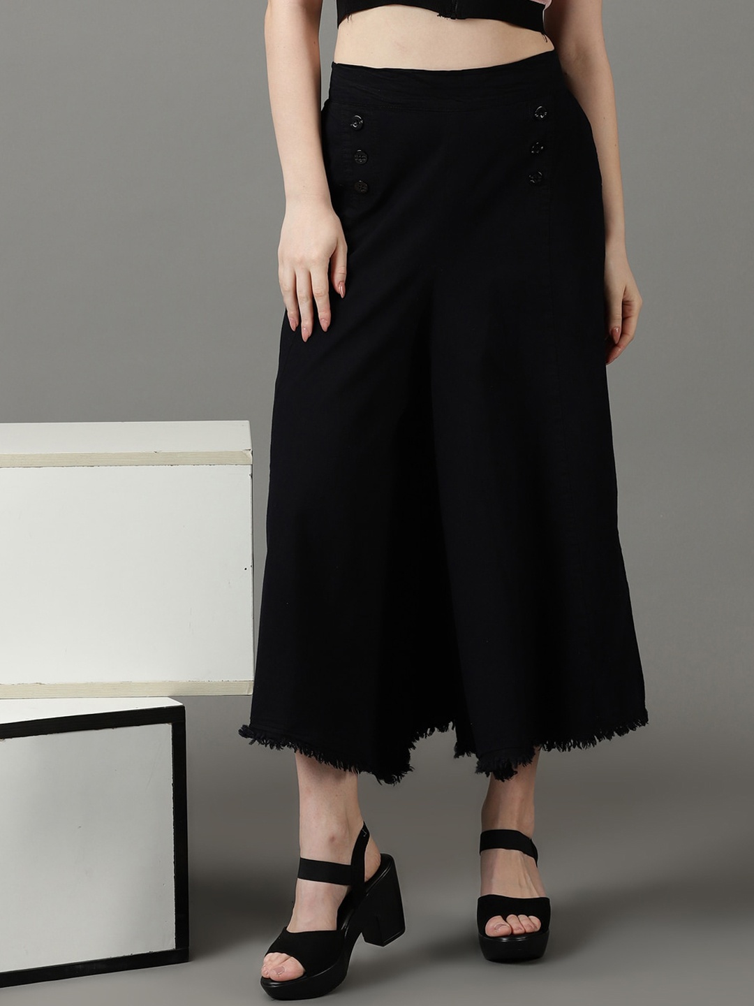 

SHOWOFF Women High-Rise Relaxed Fit Flared Cotton Denim Trousers, Black