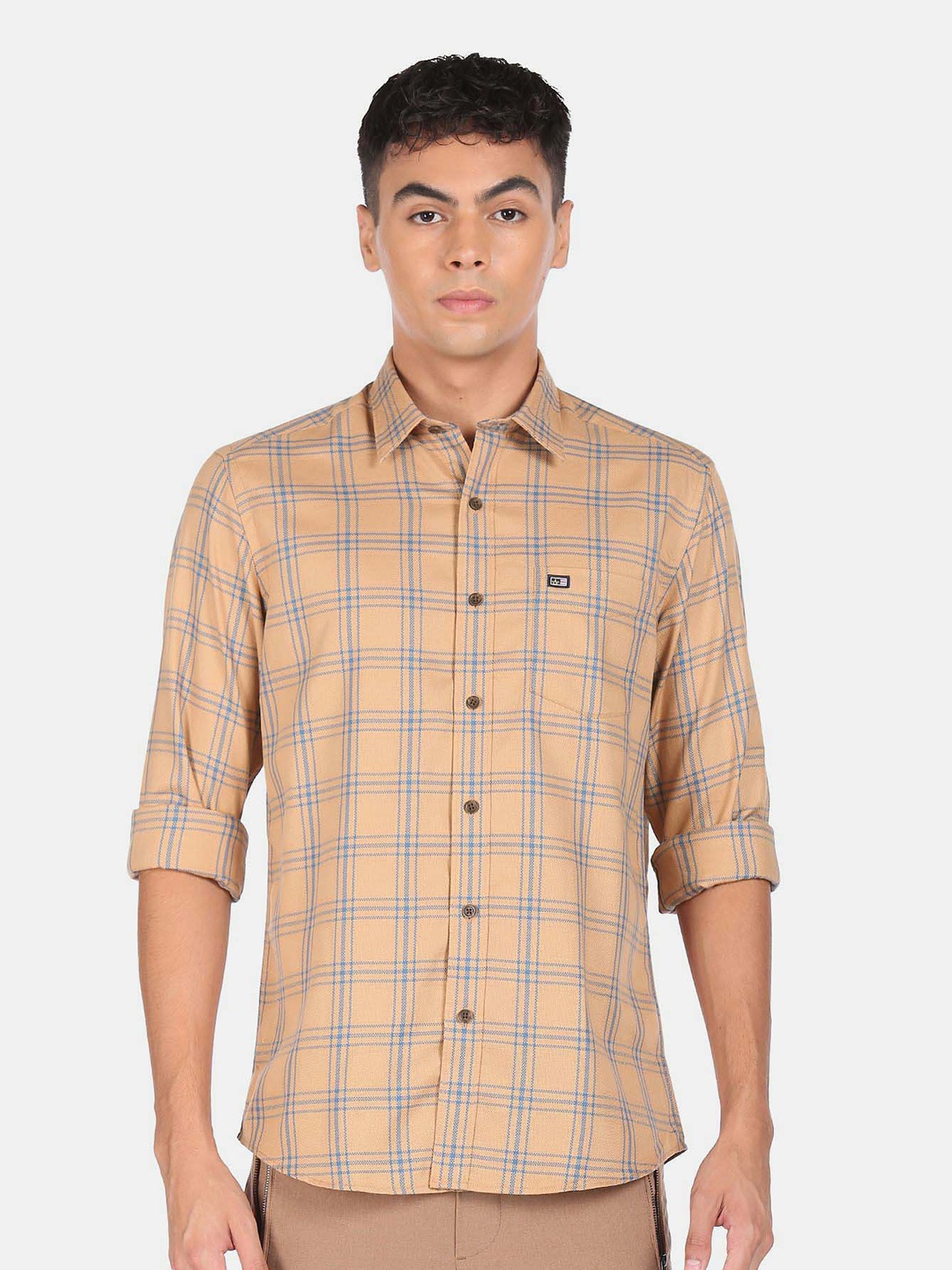 

Arrow Tartan Checks Pure Cotton Casual Shirt, Camel brown