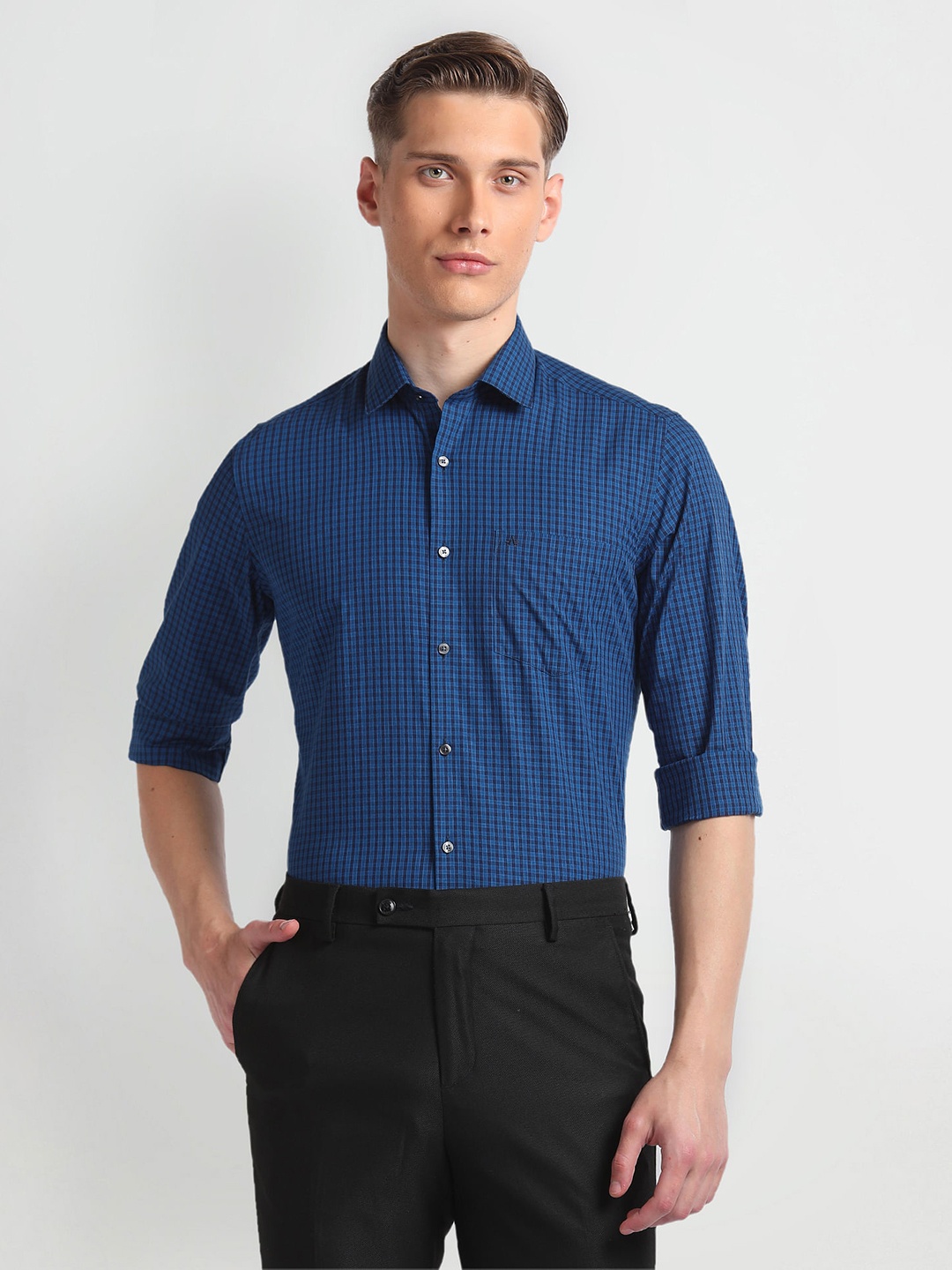 

Arrow Slim Fit Micro Checks Pure Cotton Formal Shirt, Blue