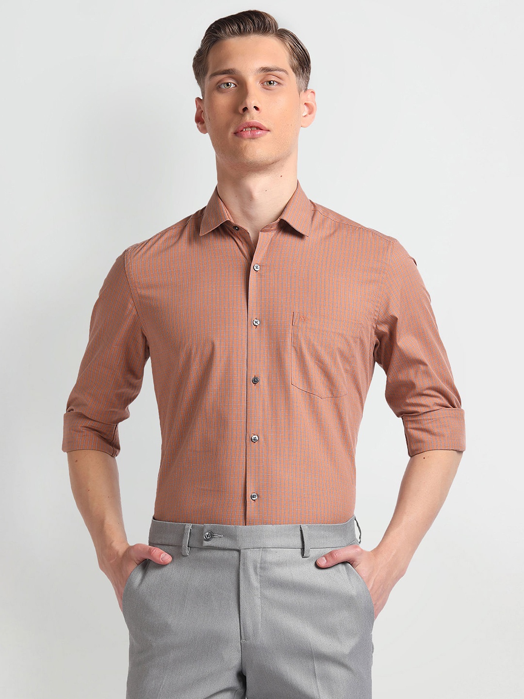 

Arrow Slim Fit Micro Checks Pure Cotton Formal Shirt, Brown