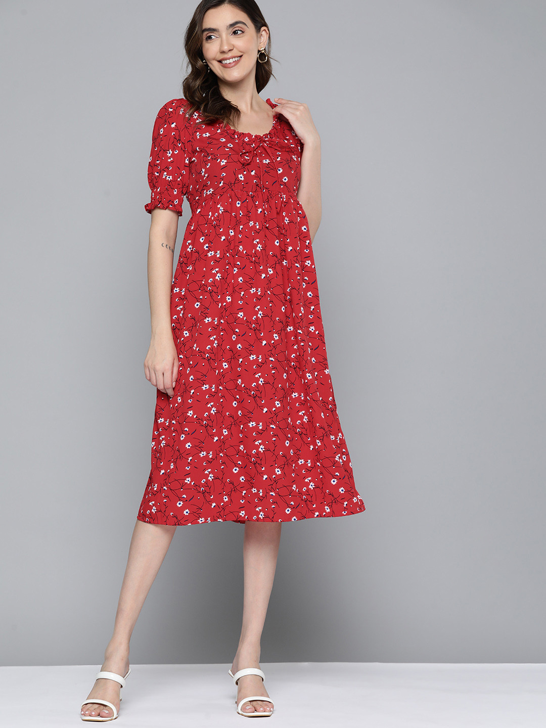 

Mast & Harbour Floral Print Puff Sleeves A-Line Dress, Red