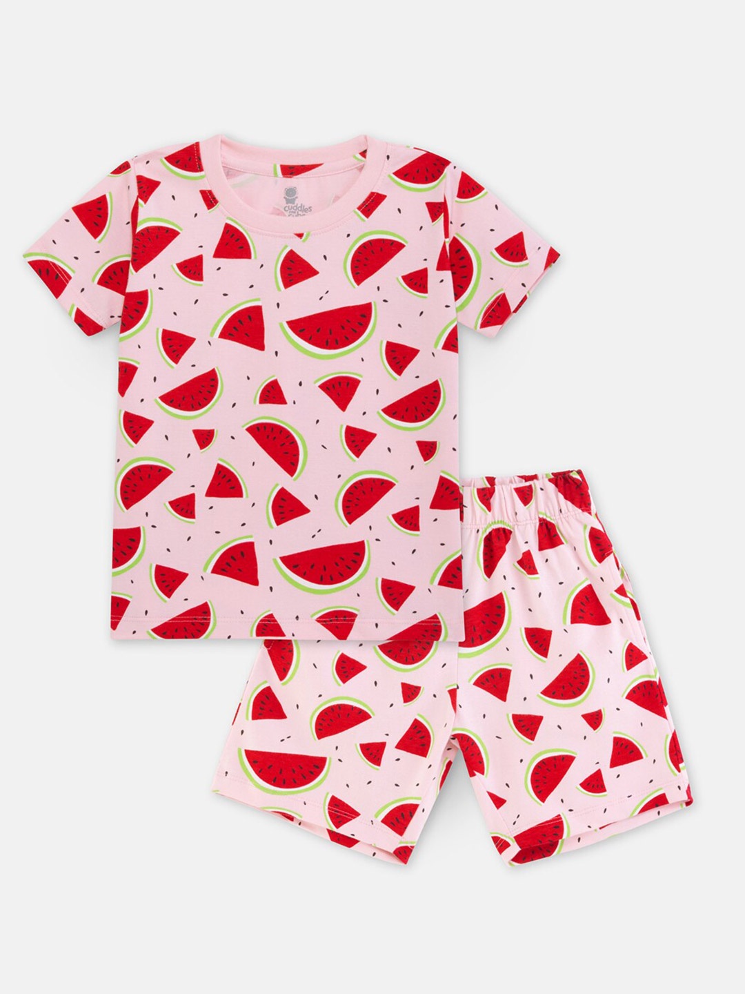 

Cuddles for Cubs Kids Melon Printed Pure Cotton T-shirt With Shorts Set, Pink