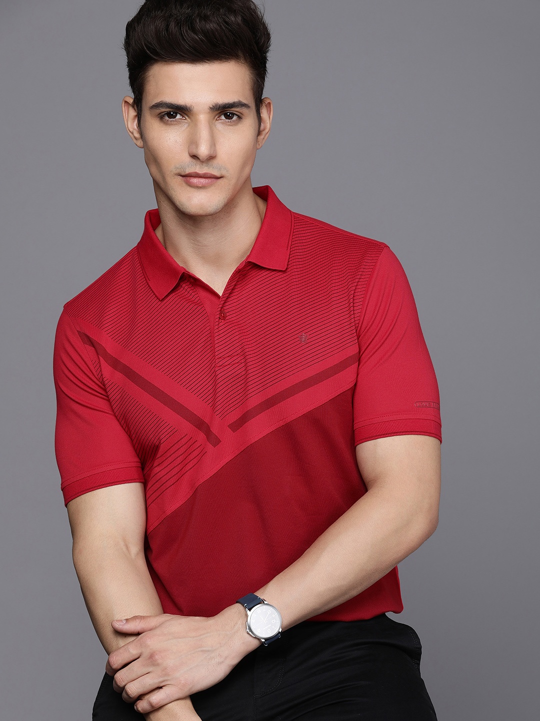 

Louis Philippe Striped And Colourblocked Polo Collar T-shirt, Maroon