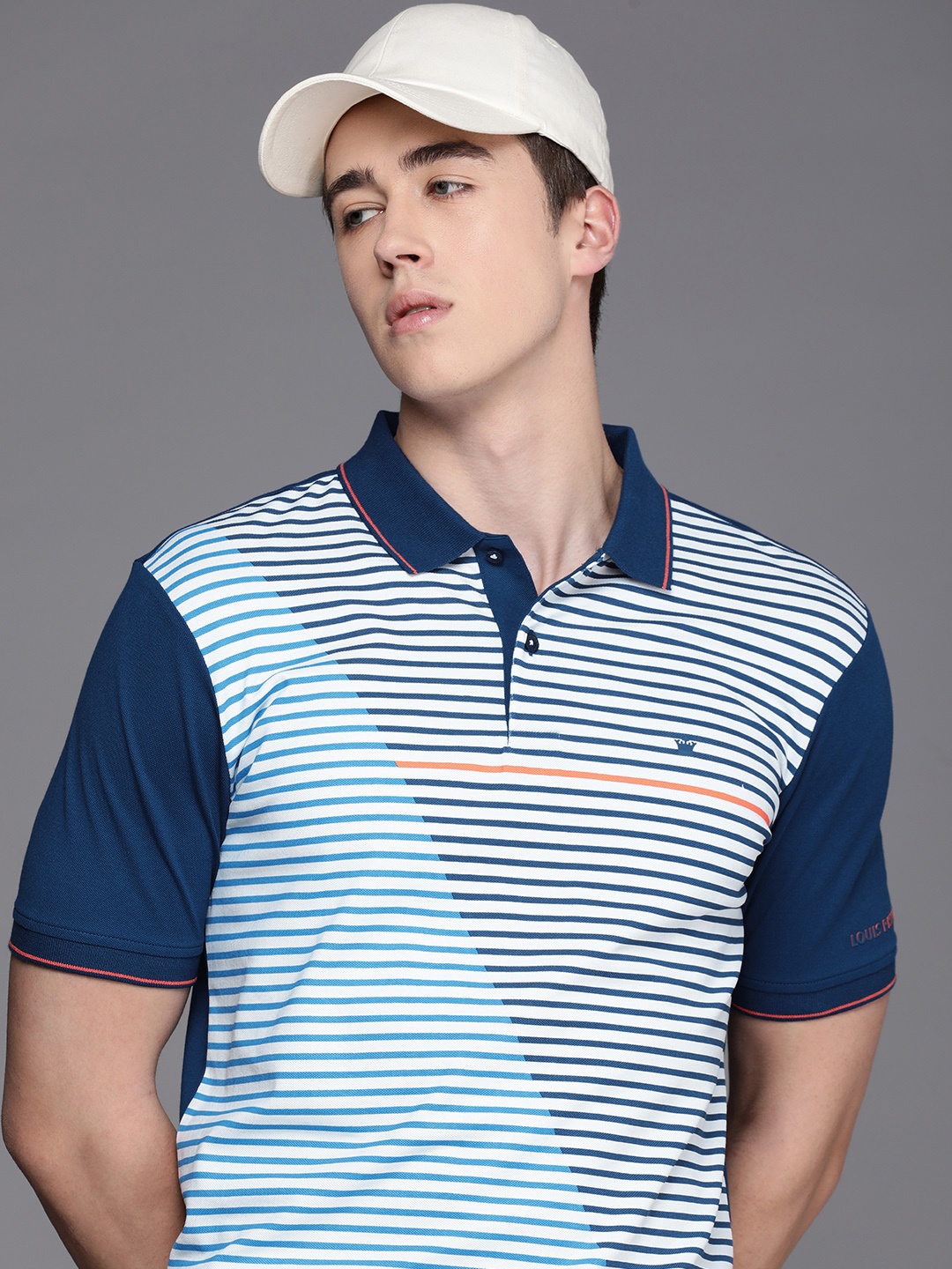 

Louis Philippe Striped Applique Polo Collar Casual T-shirt, Blue