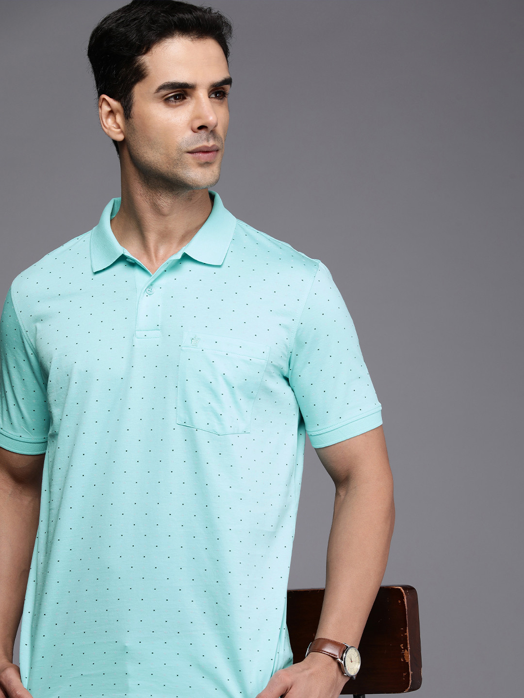 

Louis Philippe Geometric Printed Polo Collar Pure Cotton T-shirt With Chest Pocket, Turquoise blue