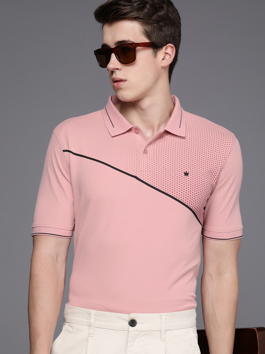 

Louis Philippe Men Geometric Printed Polo Collar T-shirt, Pink