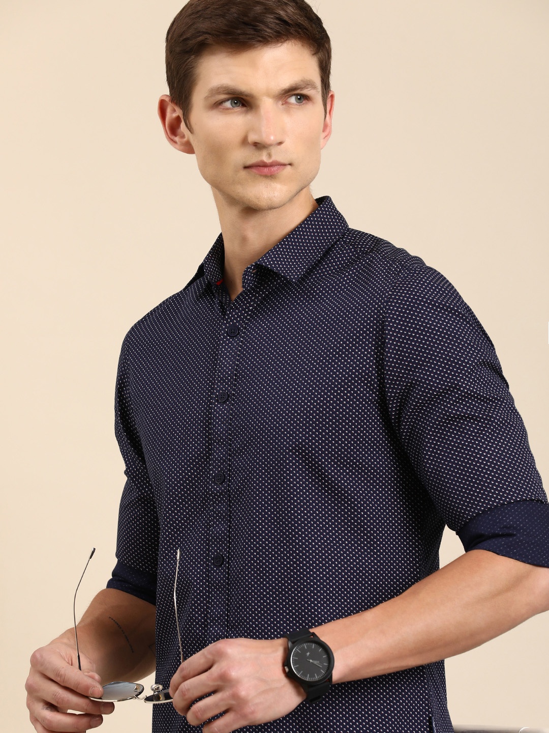 Being Human Men Pure Cotton Slim Fit Printed Casual Shirt, Navy blue