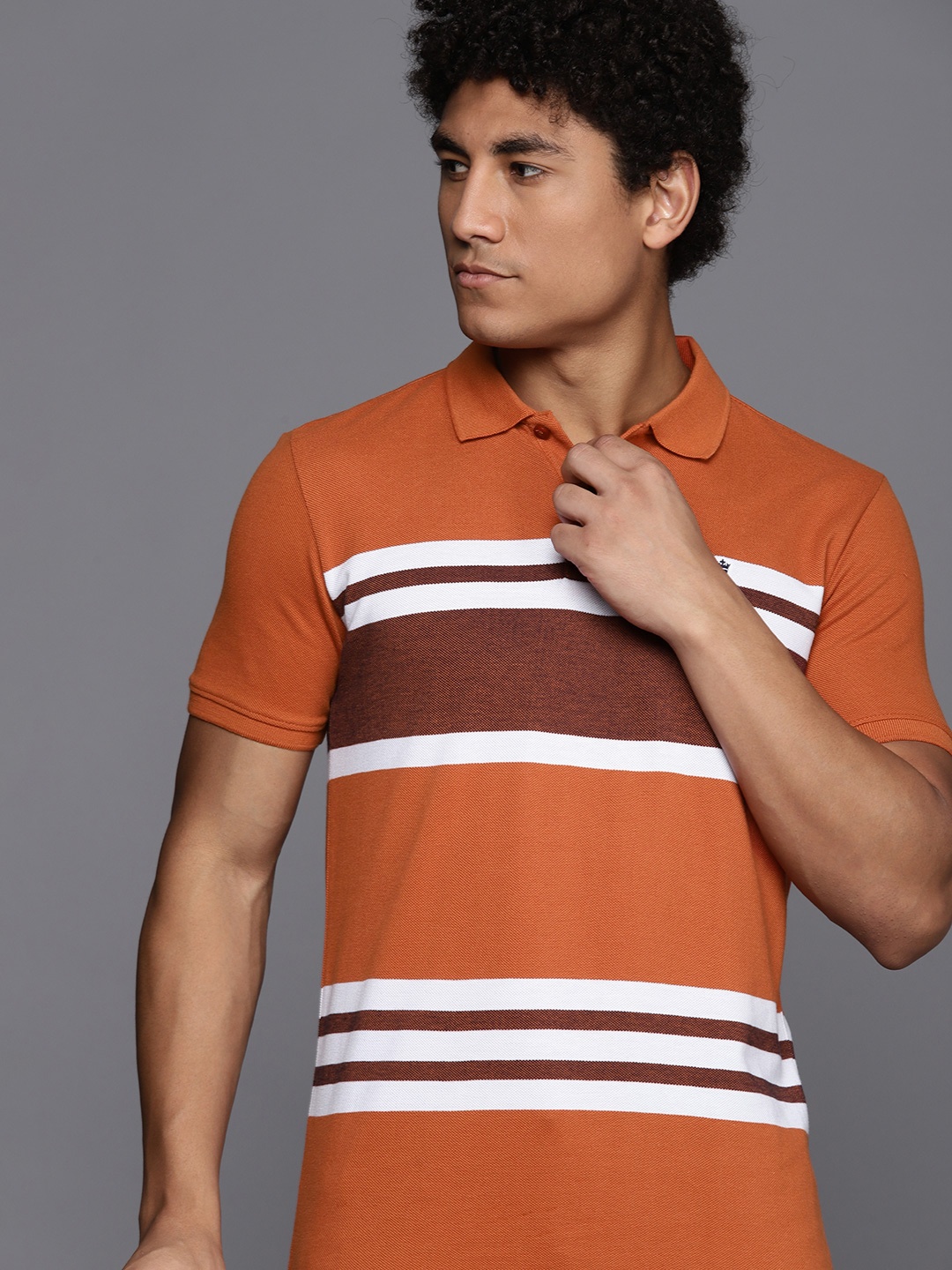 

Louis Philippe Ath Work Men Striped Polo Collar T-shirt, Rust
