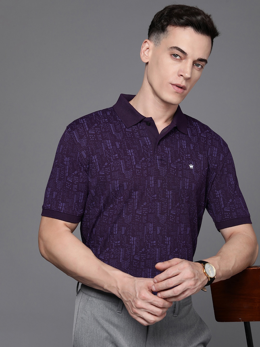 

Louis Philippe Ath Work Men Geometric Printed Polo Collar Slim Fit T-shirt, Purple