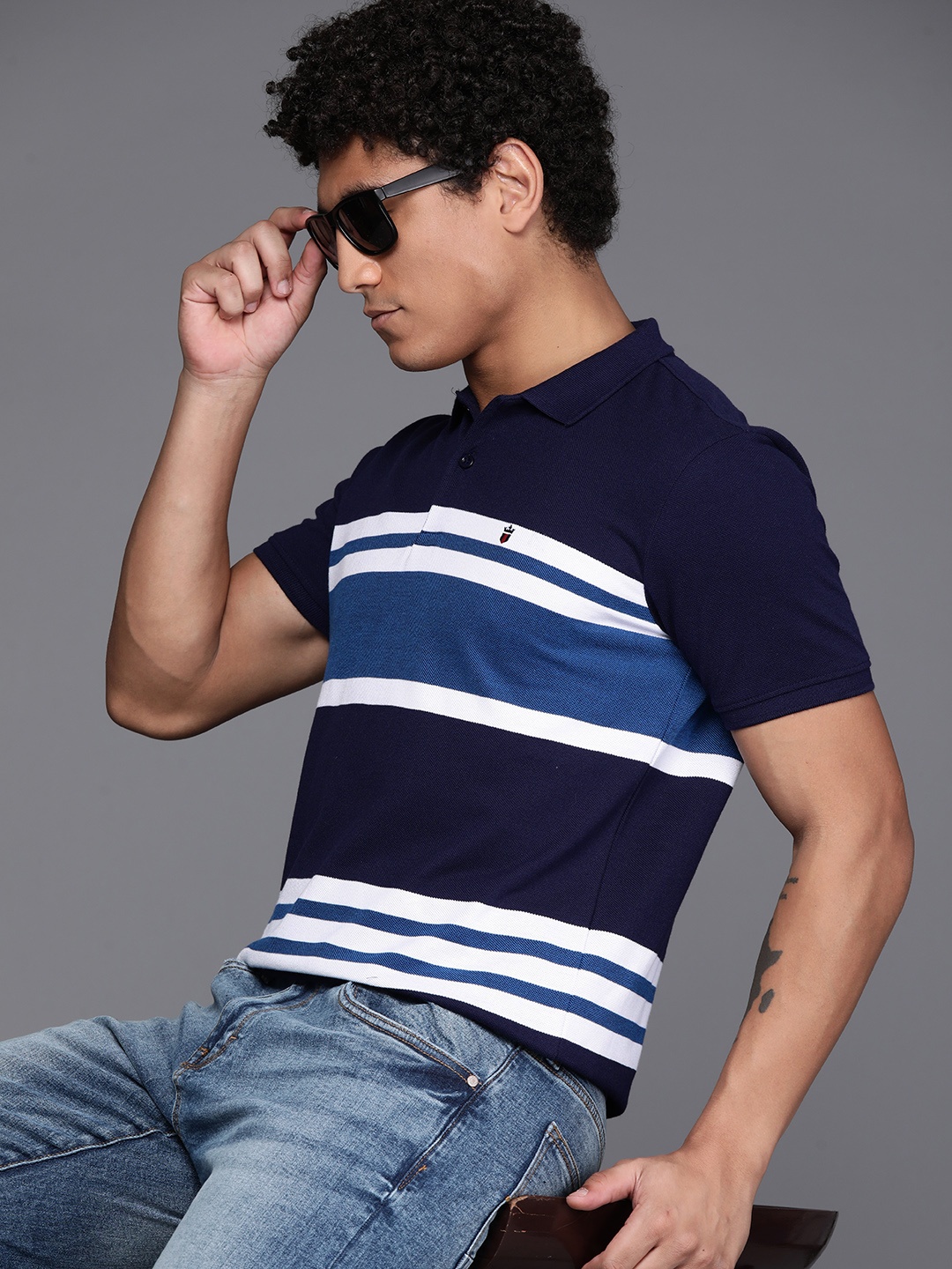 

Louis Philippe Ath Work Striped Polo Collar T-shirt, Navy blue