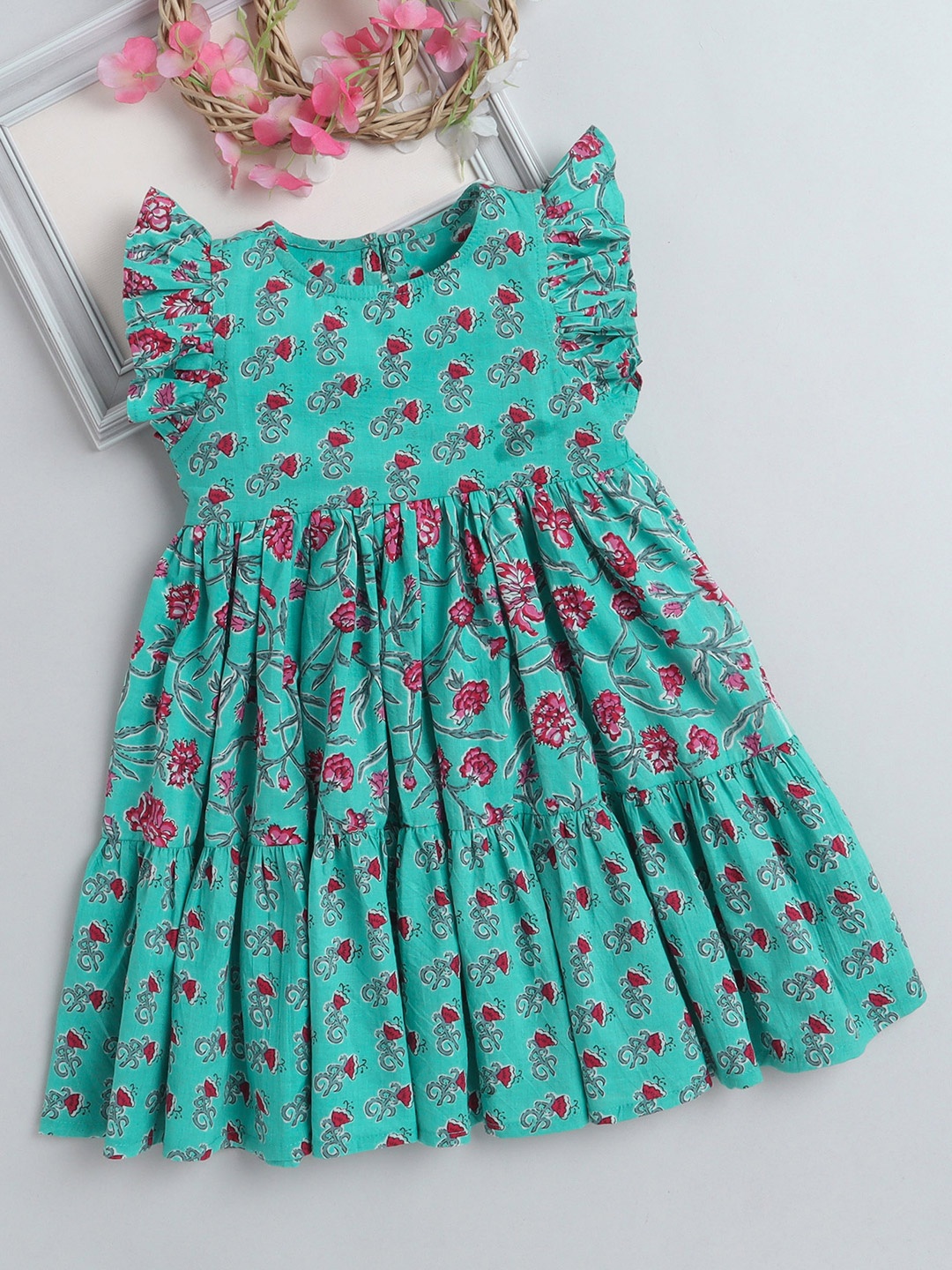 

The Magic Wand Girls Floral Print Flutter Sleeve Ruffled Fit & Flare Dress, Green