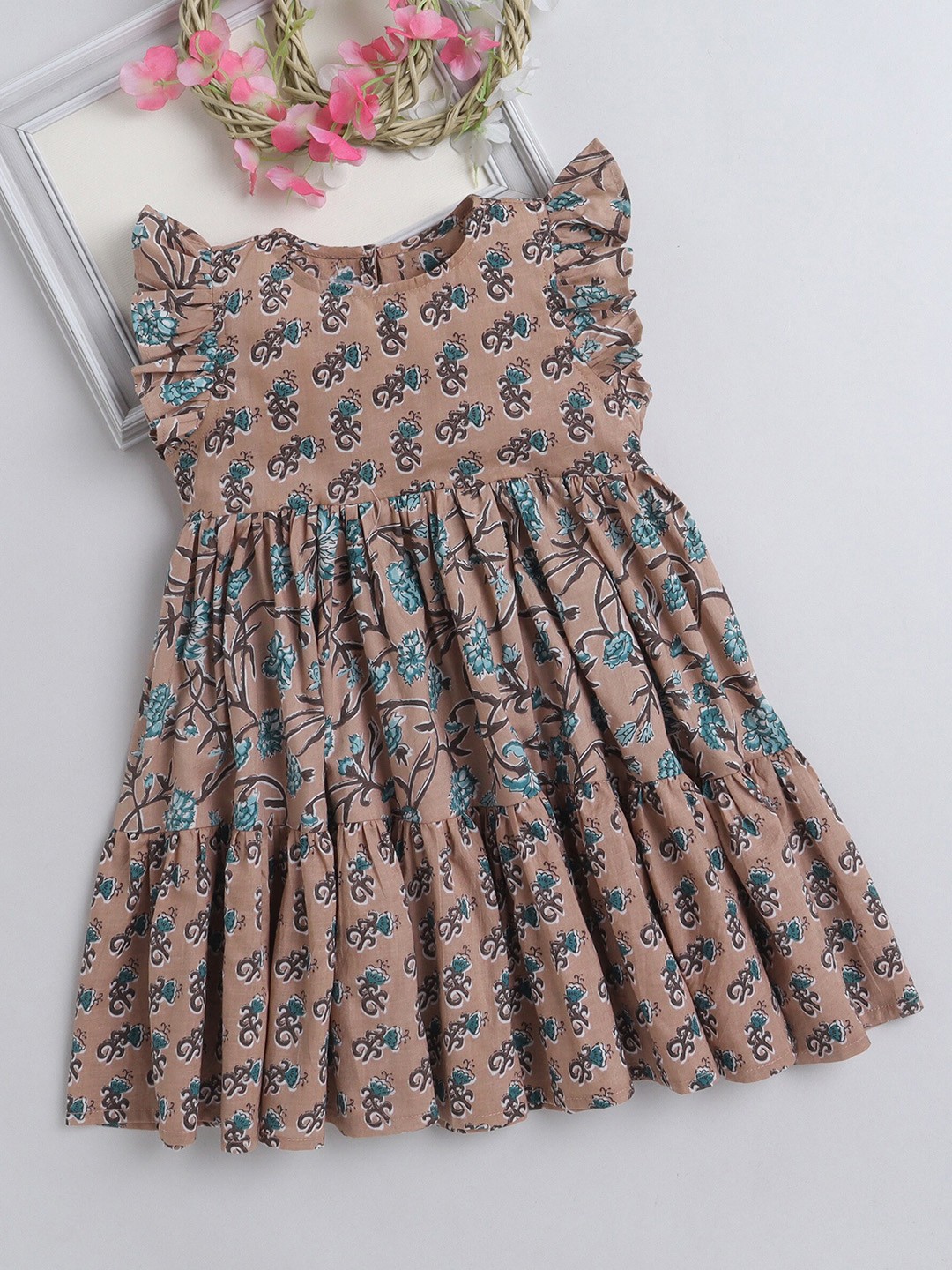 

The Magic Wand Girls Floral Print Flutter Sleeve Ruffled Fit & Flare Dress, Beige