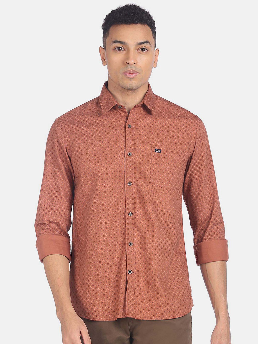 

Arrow Sport Geometric Printed Spread Collar Pure Cotton Casual Shirt, Brown