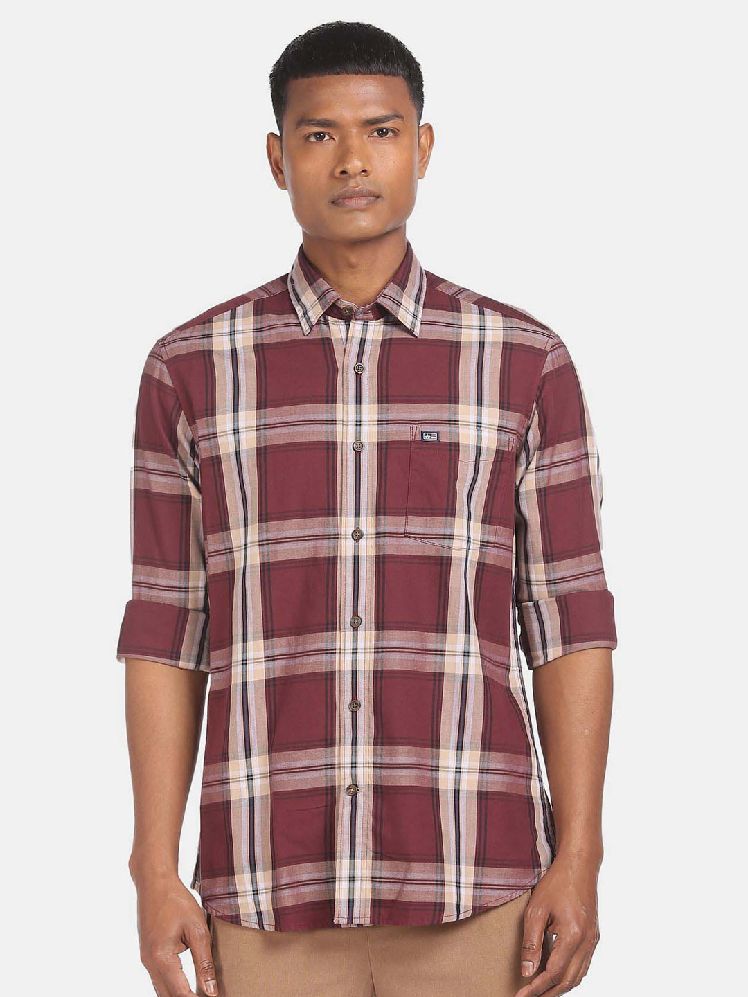 

Arrow Sport Tartan Checked Spread Collar Pure Cotton Casual Shirt, Maroon