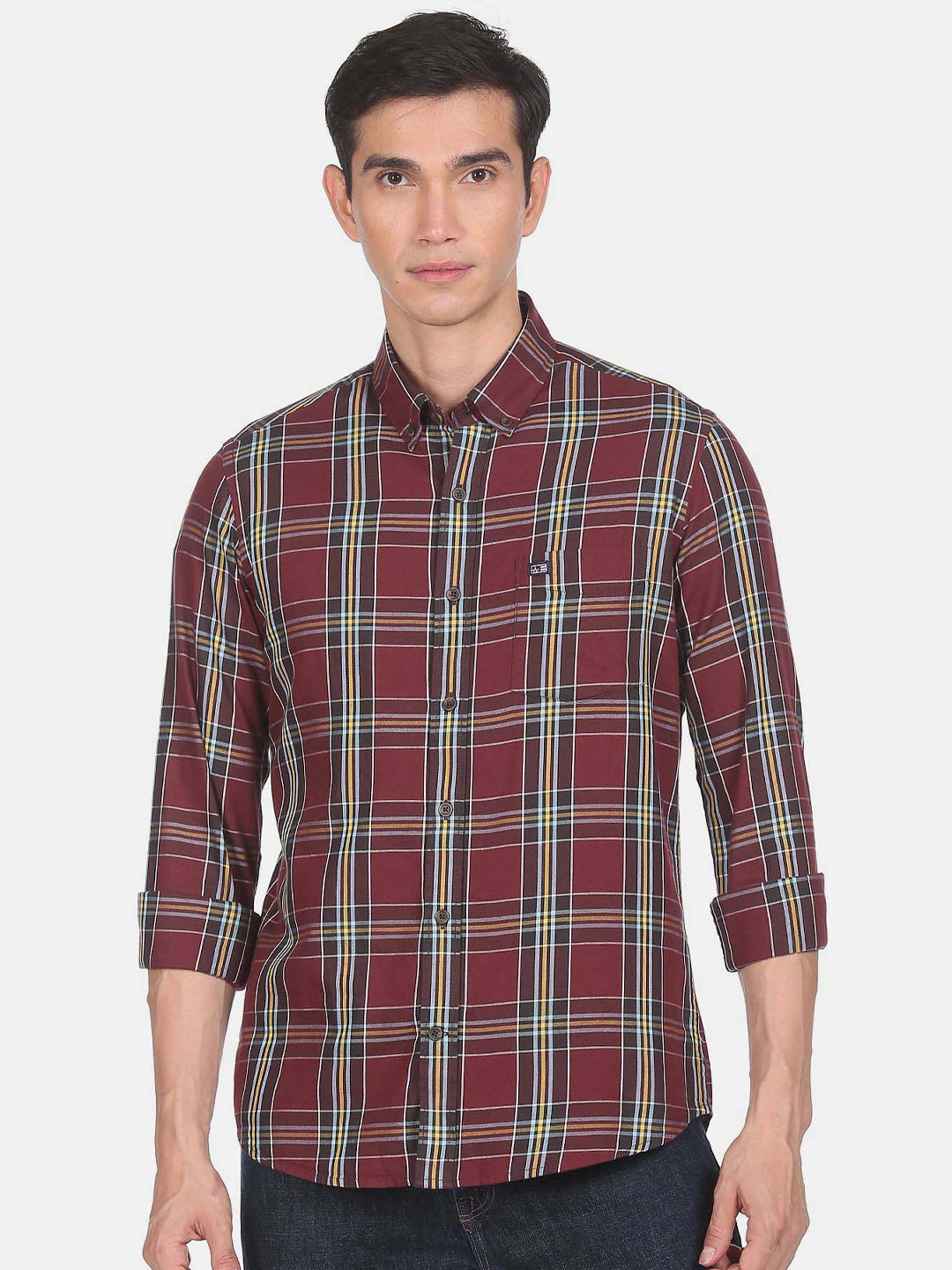 

Arrow Sport Tartan Checked Button Down Collar Pure Cotton Slim Fit Casual Shirt, Maroon