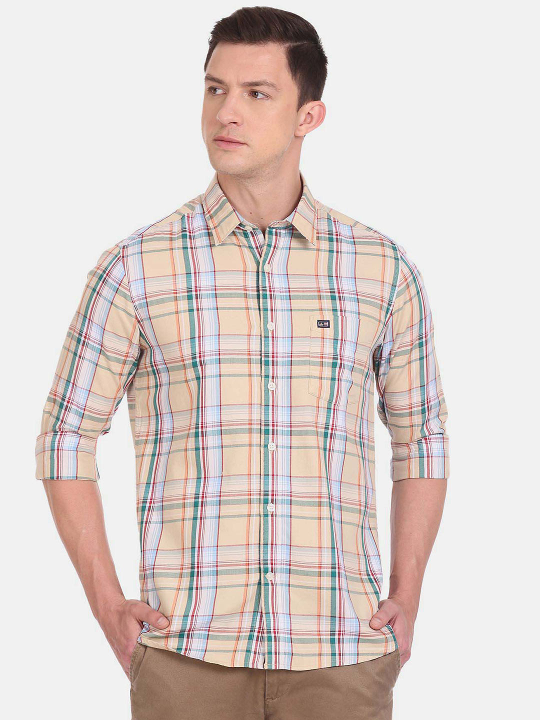 

Arrow Sport Tartan Checked Spread Collar Pure Cotton Slim Fit Casual Shirt, Beige
