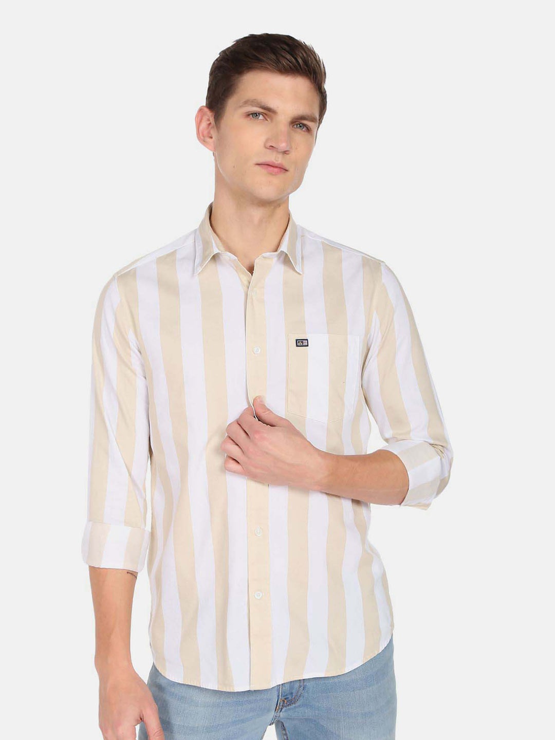 

Arrow Sport Vertical Striped Pure Cotton Casual Shirt, Beige