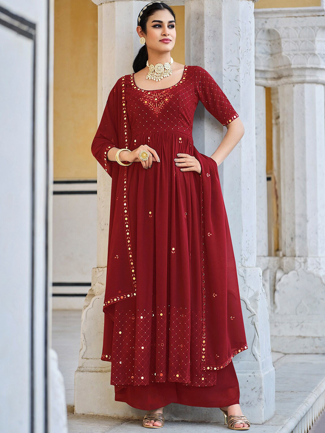 

ODETTE Embroidered Semi-Stitched Dress Material, Maroon