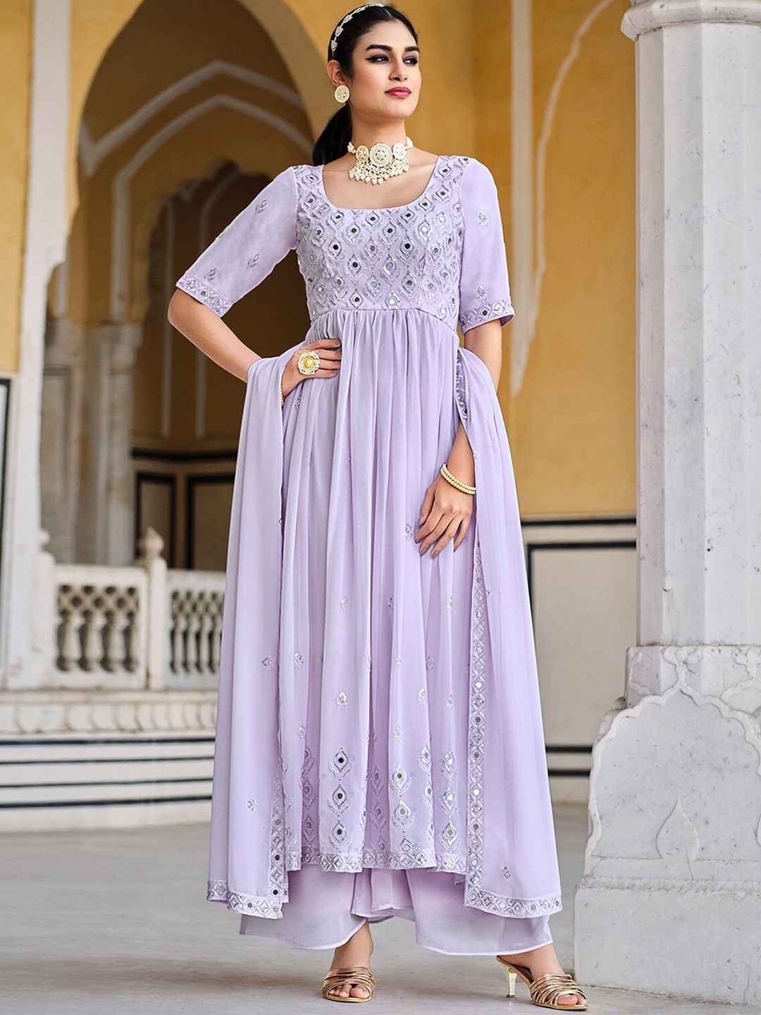 

ODETTE Embellished Semi-Stitched Dress Material, Lavender