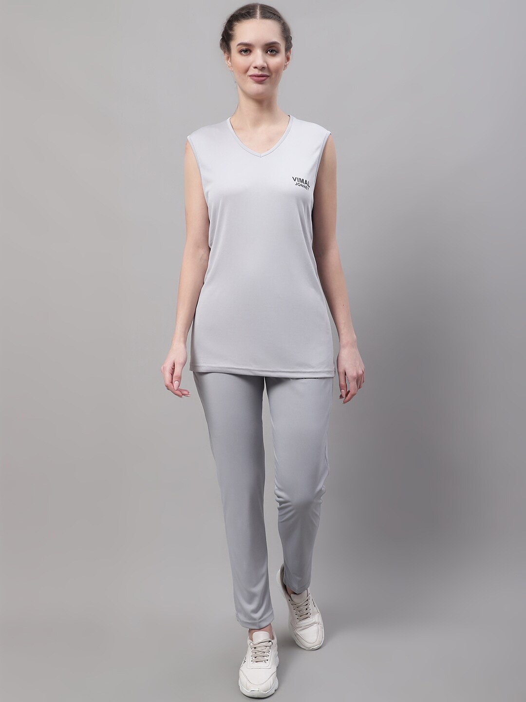 

VIMAL JONNEY V-Neck Sleeveless Dry-Fit Co-Ords, Grey