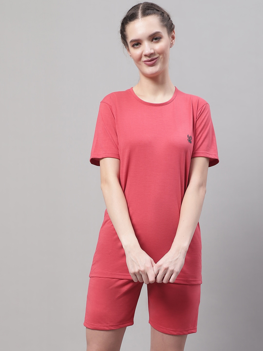 

VIMAL JONNEY Round Neck Short Sleeves Pure Cotton Co-Ords, Pink