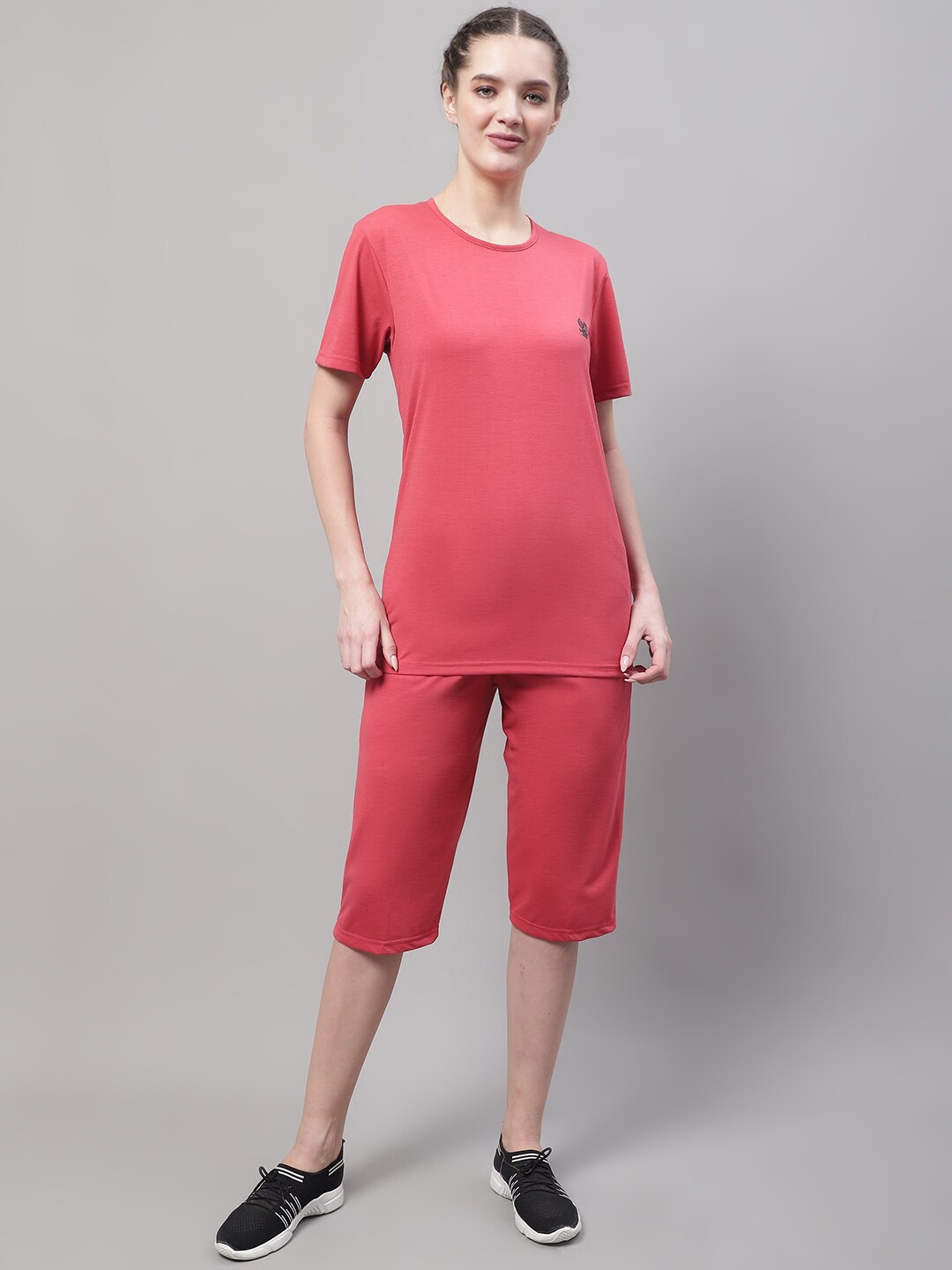 

VIMAL JONNEY Women Round Neck Pure Cotton T-Shirt With Capris, Pink