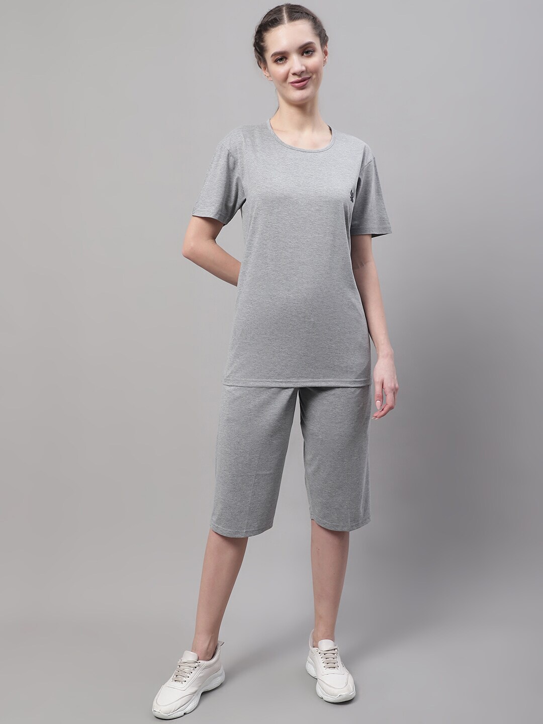 

MACK JONNEY Round Neck Short Sleeves Pure Cotton Co-Ords, Grey melange